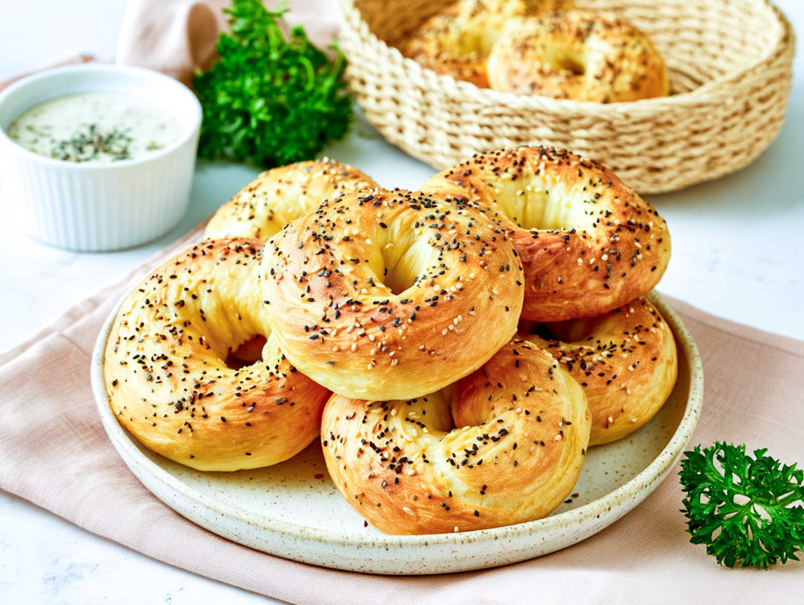 Homemade cottage cheese bagels topped with everything bagel seasoning, stacked on a ceramic plate with a small bowl of creamy dip in the background.