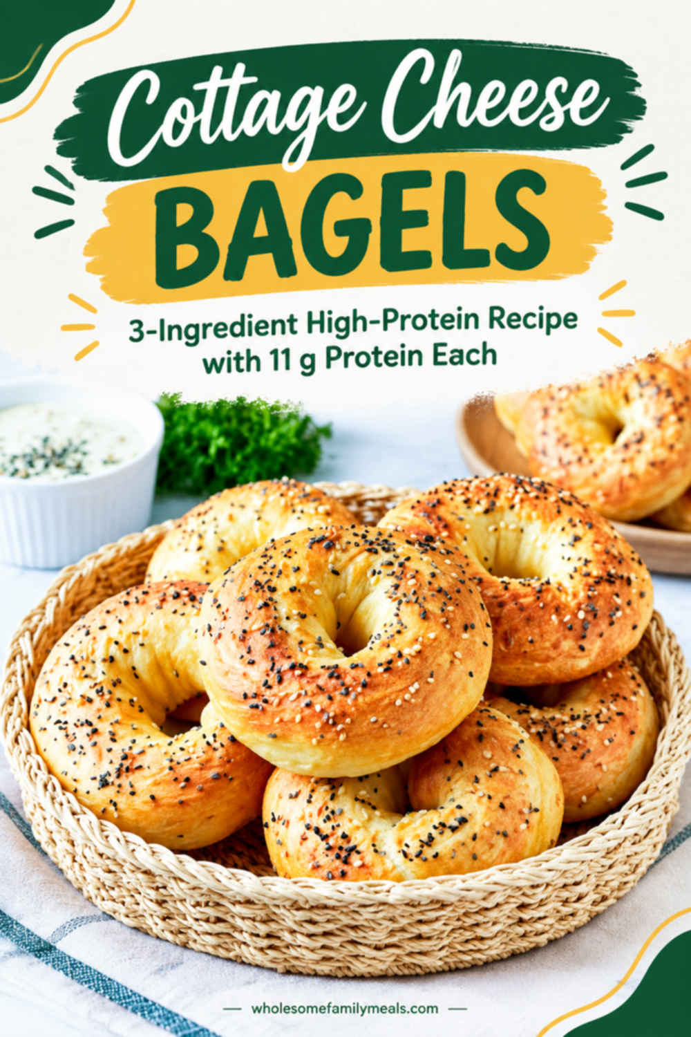 Cottage cheese bagels arranged in a woven basket with text highlighting the 3-ingredient recipe and 11 grams of protein per bagel.