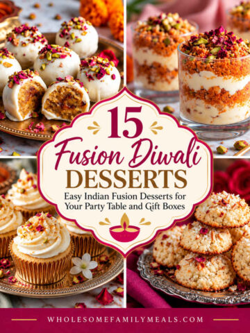 Four-panel collage of fusion Diwali desserts with gulab jamun truffles, layered Indian dessert cups, saffron-frosted cupcakes, and coconut cardamom cookies.