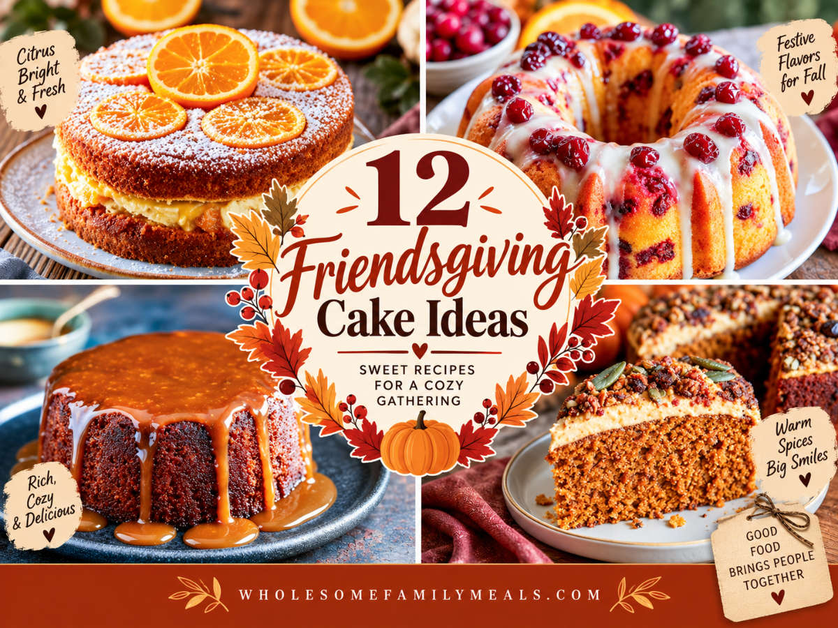 Pinterest graphic featuring 12 Friendsgiving cake ideas, with images of an orange layer cake, cranberry Bundt cake, sticky toffee cake, and warmly spiced pumpkin cake surrounded by autumn leaves and seasonal decorations.