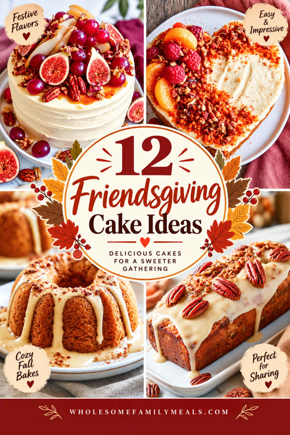 Pinterest collage featuring 12 Friendsgiving cake ideas, including festive fruit-topped layer cakes, a heart-shaped cake, pumpkin cakes, Bundt cakes, and a pecan-topped loaf cake.