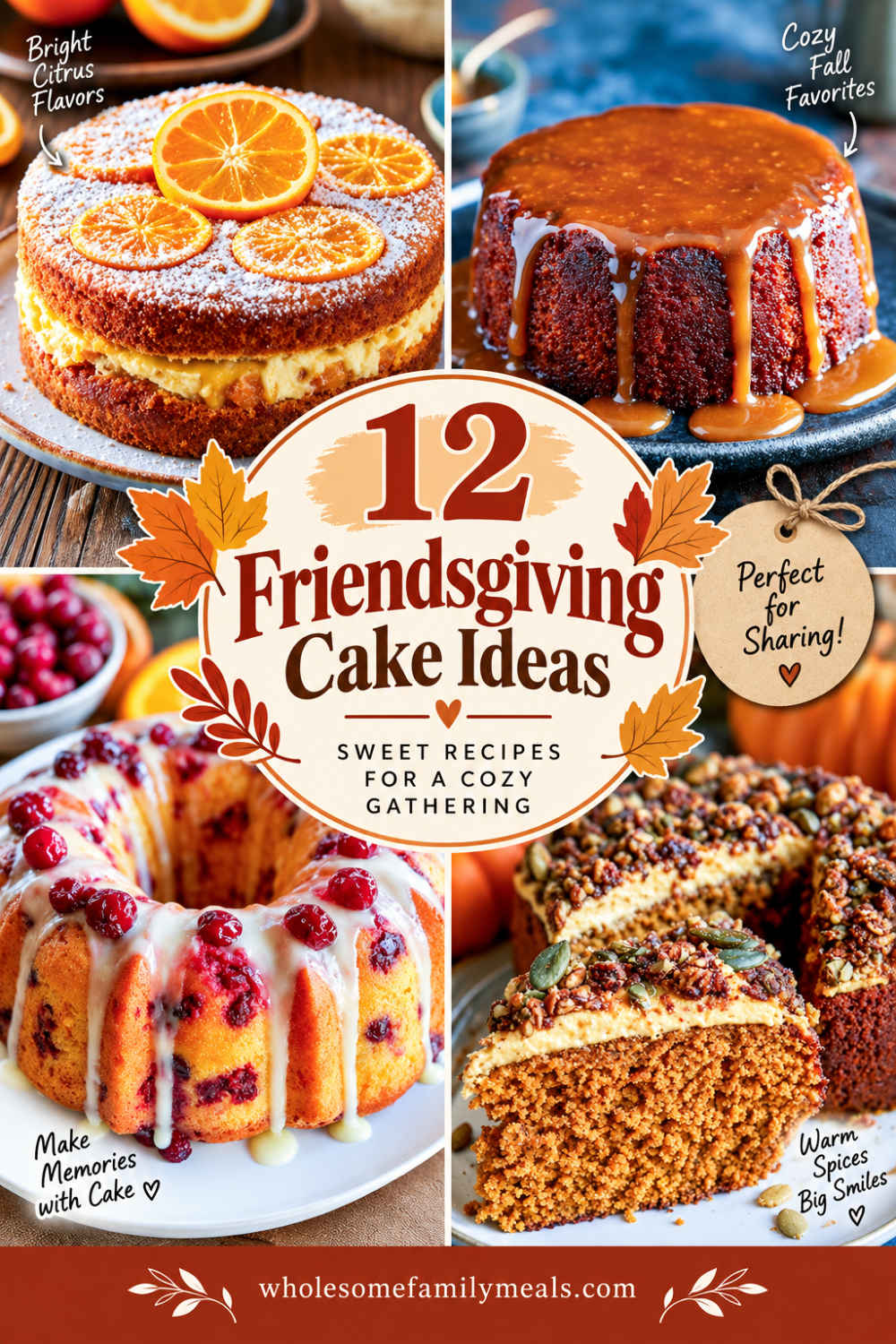 Pinterest collage featuring 12 Friendsgiving cake ideas, including cranberry orange cake, sticky toffee cake, cranberry Bundt cake, spiced pumpkin cake, and a warmly spiced Friendsgiving dessert.