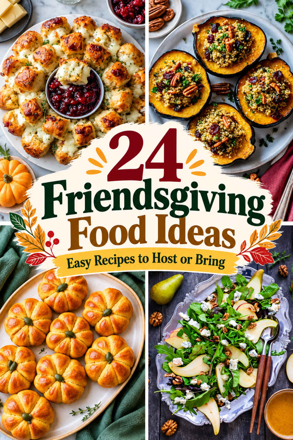 Pinterest collage of 24 Friendsgiving food ideas with easy appetizers, sides, and crowd-friendly recipes for hosting or bringing to a gathering.