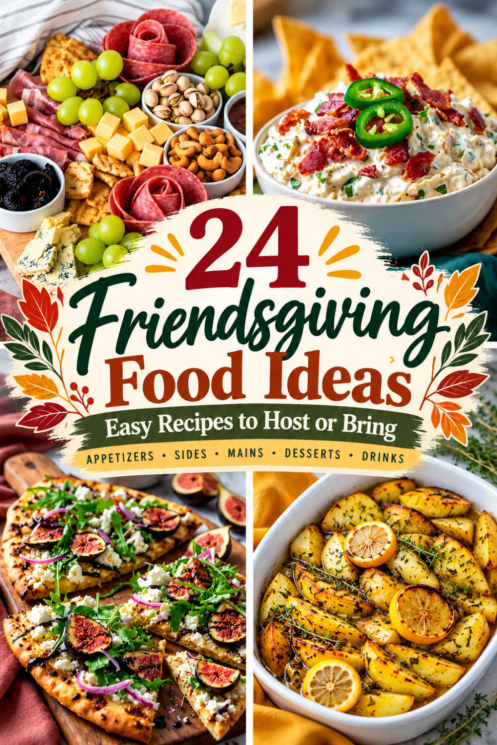 24 Friendsgiving food ideas featuring a charcuterie board, creamy bacon-jalapeño dip, fig and cottage cheese flatbread, and roasted lemon herb potatoes.