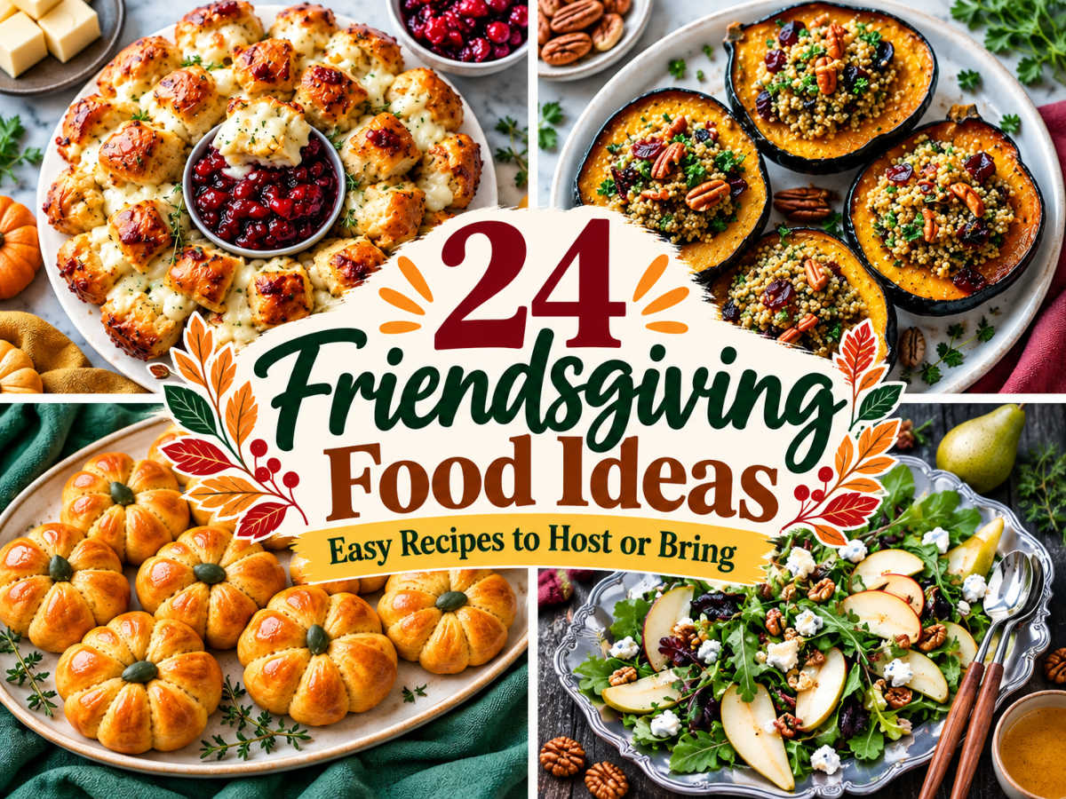 24 Friendsgiving food ideas collage featuring cheesy pull-apart rolls with cranberry sauce, stuffed acorn squash, pumpkin-shaped dinner rolls, and pear walnut salad, with text reading “Easy Recipes to Host or Bring.”