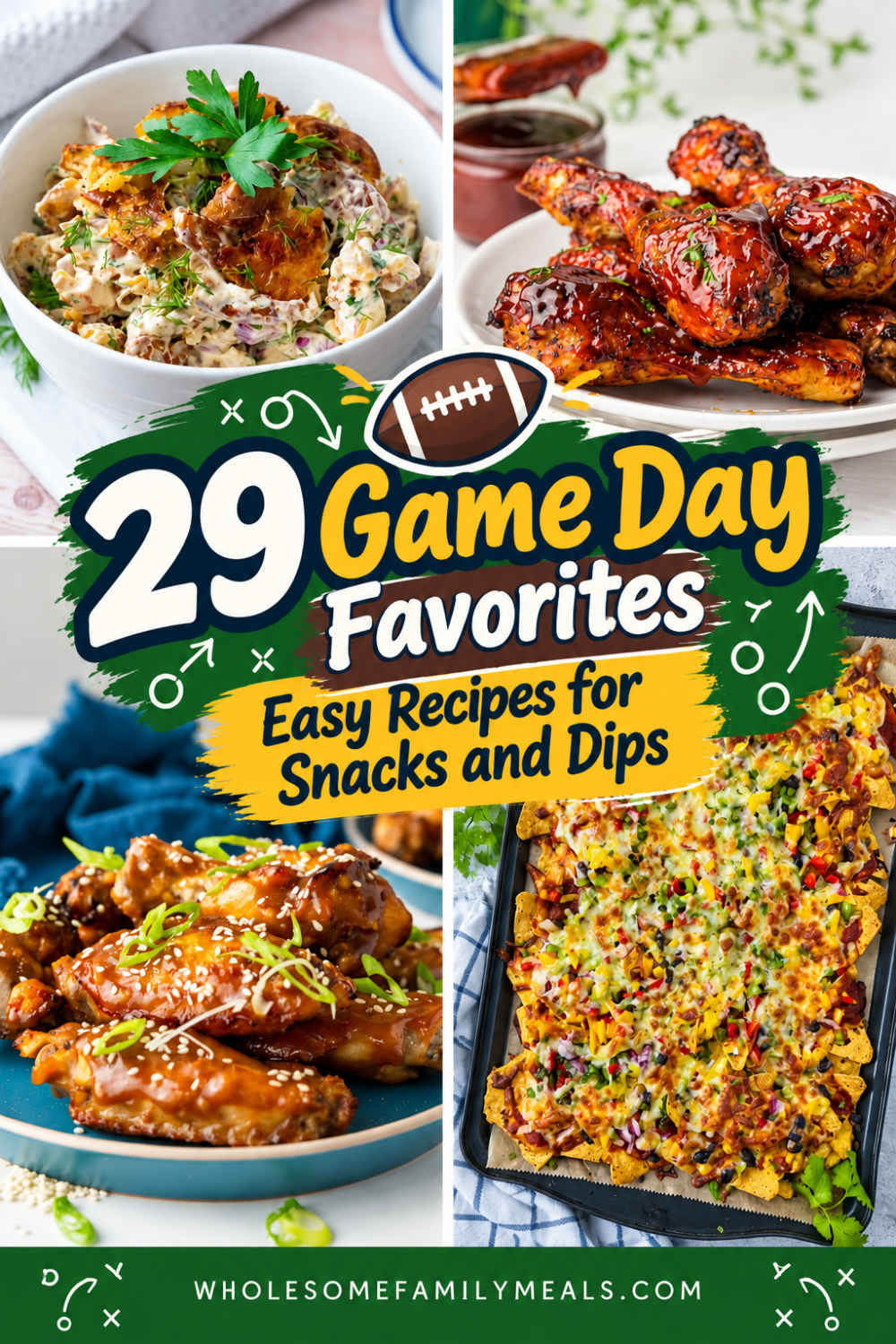Pinterest graphic featuring 29 game day favorites with photos of creamy potato salad, BBQ chicken drumsticks, sesame chicken wings, and loaded nachos.