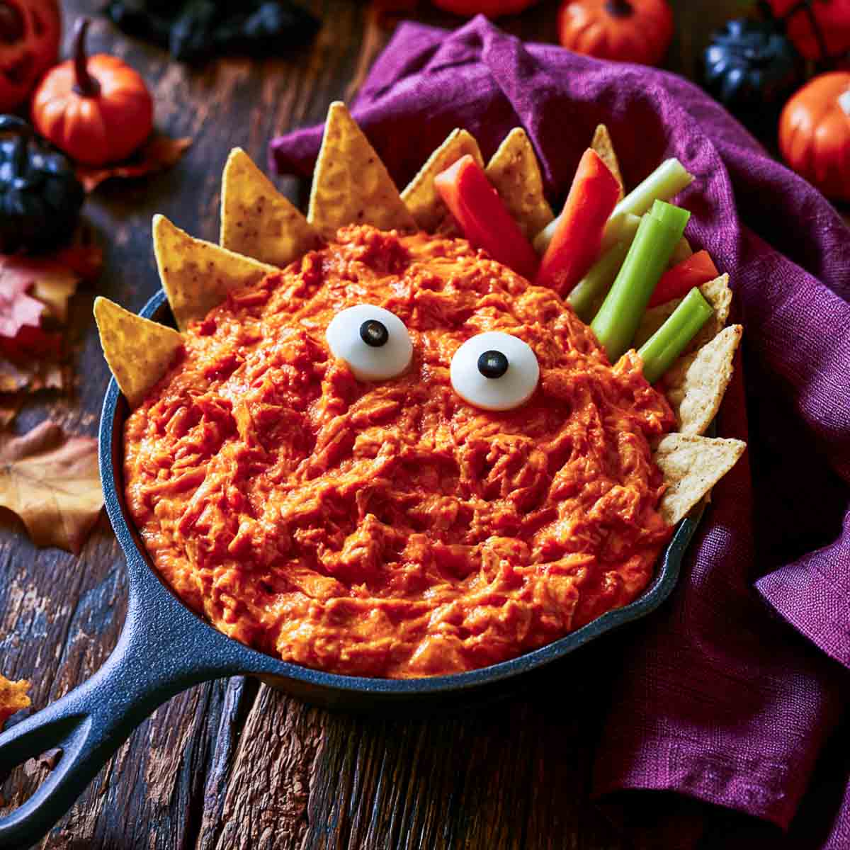Halloween buffalo chicken dip in a cast iron skillet with mozzarella monster eyes and tortilla chip spikes.