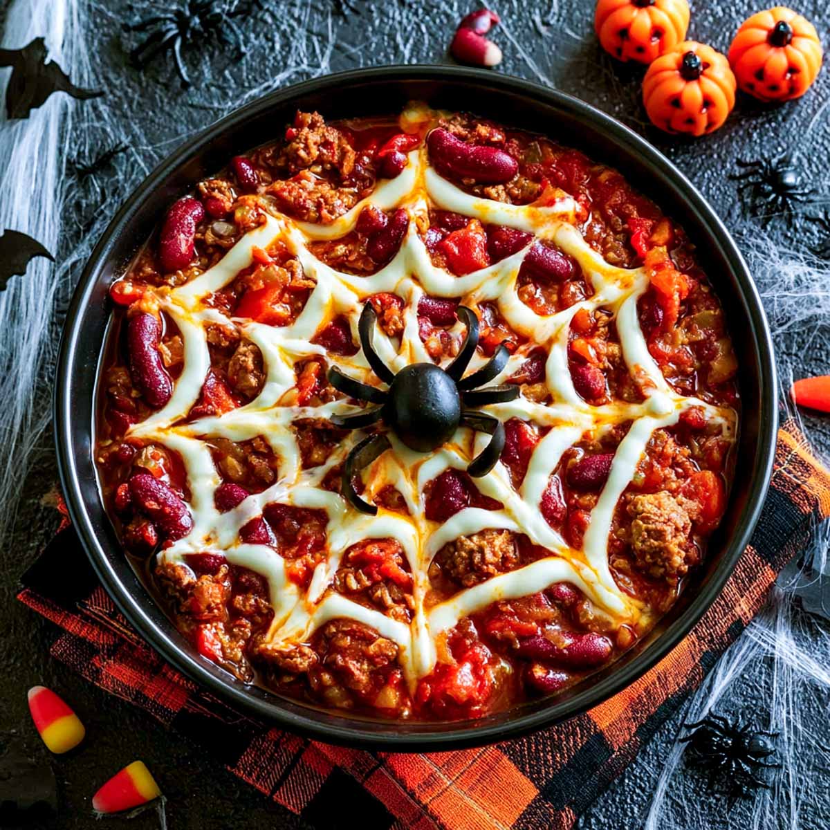 Bowl of Halloween chili with a sour cream spider web and a black olive in the center.
