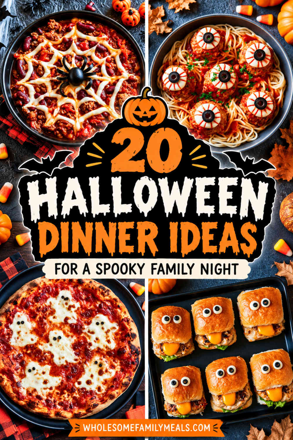 Pinterest graphic featuring 20 Halloween dinner ideas, with photos of Halloween chili, eyeball meatball spaghetti, ghost pizza, and monster chicken sliders, surrounded by pumpkins and autumn decorations.