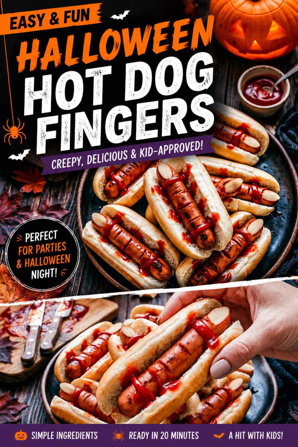 Halloween hot dog fingers in buns with almond fingernails and ketchup “blood,” shown on a rustic platter and being served by hand, with pumpkins, bats, spiders, and autumn leaves. Text reads “Halloween Hot Dog Fingers” and “Creepy, Delicious & Kid-Approved.”