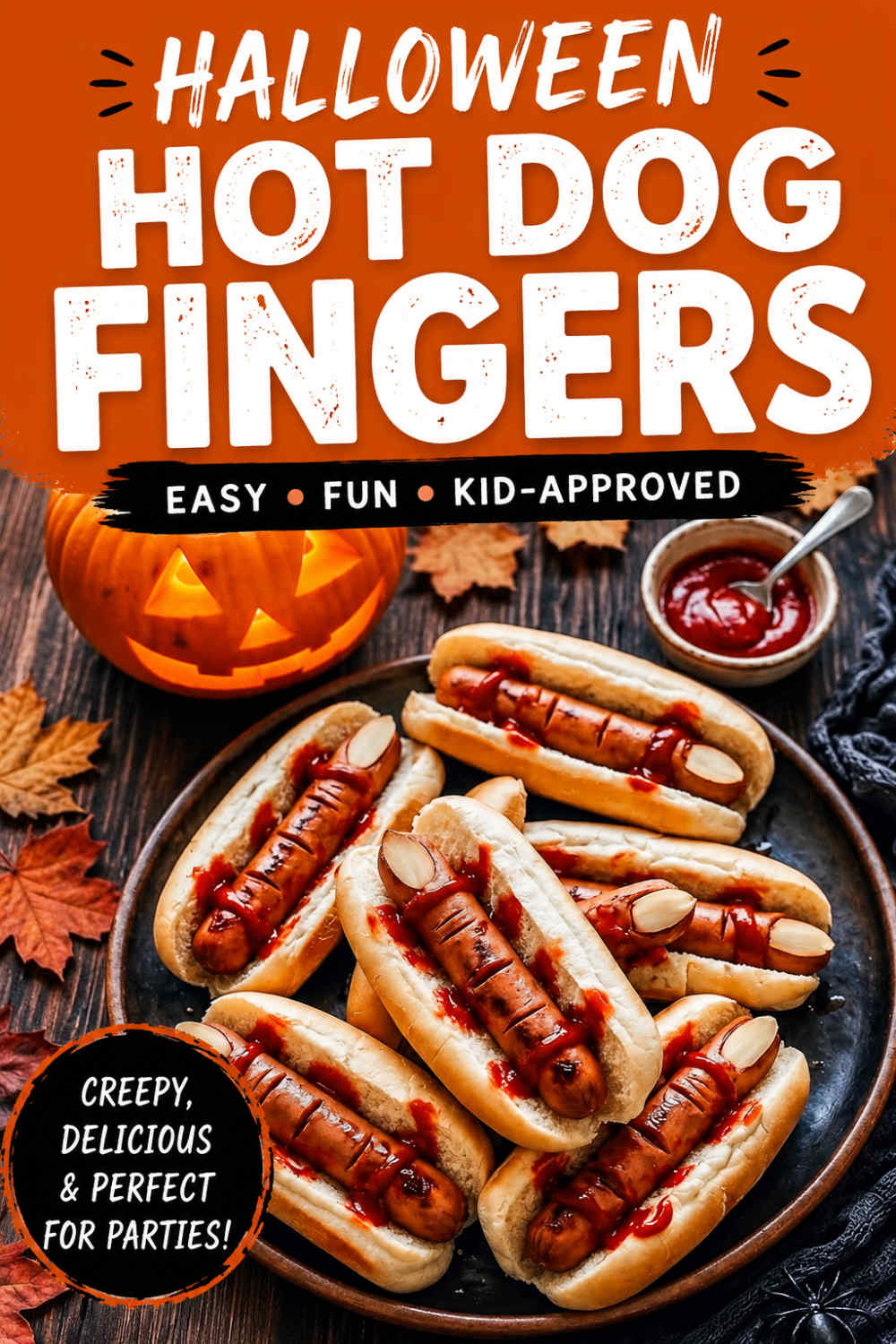 Halloween hot dog fingers served in buns with ketchup and almond fingernails on a platter, surrounded by pumpkins and autumn leaves.