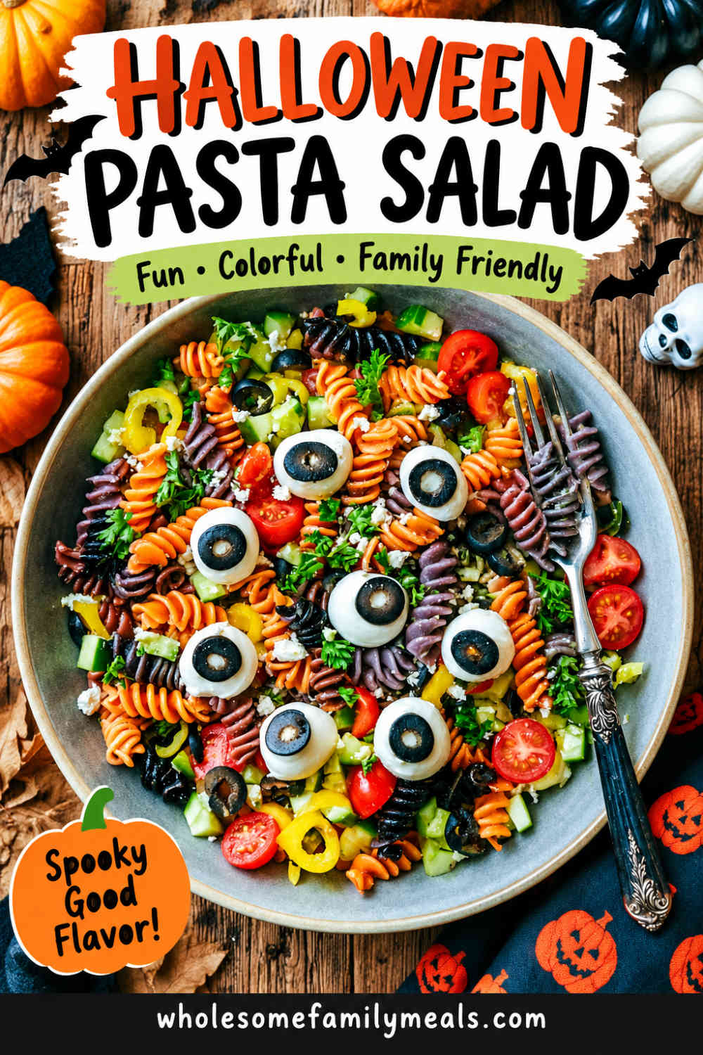 Pinterest graphic featuring Halloween pasta salad with colorful rotini, mozzarella eyeballs, vegetables, and olives, with text reading “Halloween Pasta Salad”.