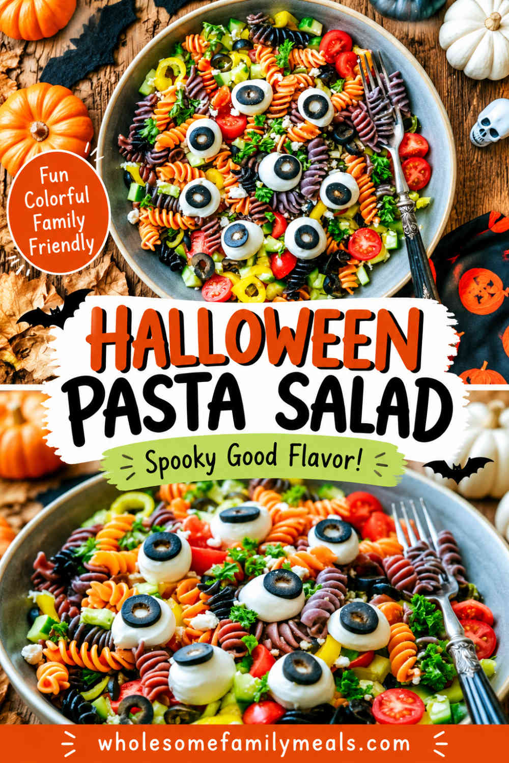Pinterest graphic featuring a bowl of Halloween pasta salad with tri-color rotini, mozzarella eyeballs, vegetables, and olives, with text reading “Halloween Pasta Salad” and “Spooky Good Flavor!”.
