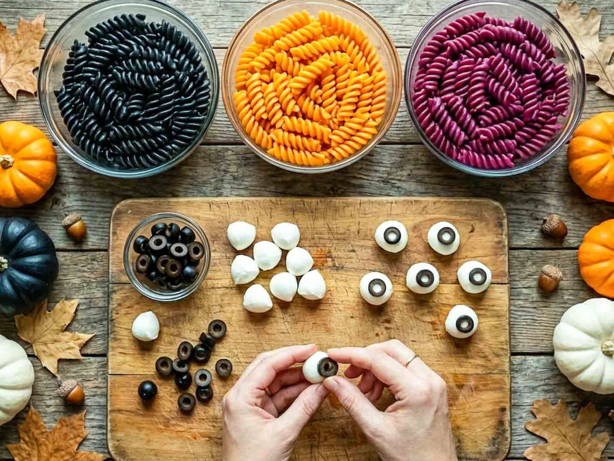 Three bowls of black, orange, and purple rotini pasta with mozzarella balls and sliced black olives arranged on a wooden board for making Halloween pasta salad.