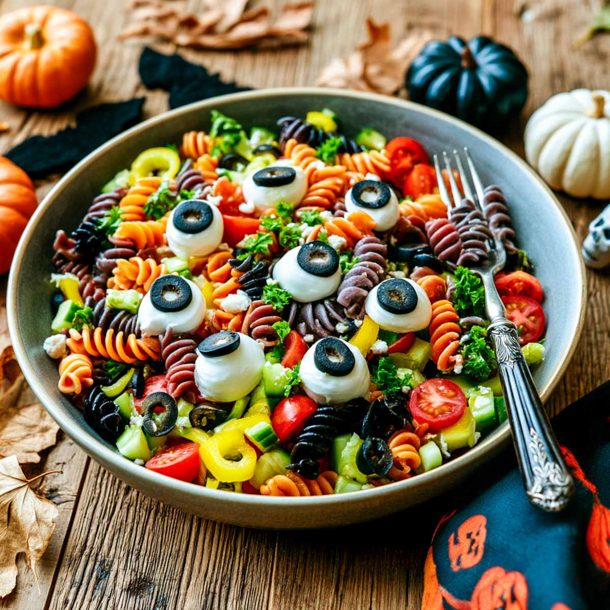 Side-angle view of Halloween pasta salad with tri-color rotini, mozzarella eyeballs, cherry tomatoes, vegetables, and olives in a large gray serving bowl.