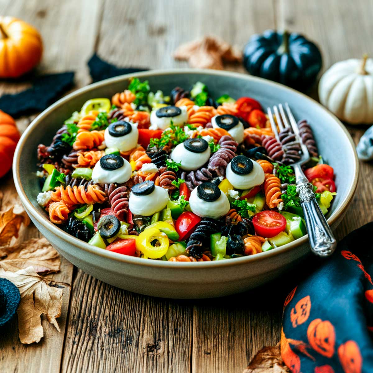 Close-up of Halloween pasta salad with colorful rotini, mozzarella eyeballs, vegetables, olives, and feta, served with a fork beside a Halloween-themed napkin.