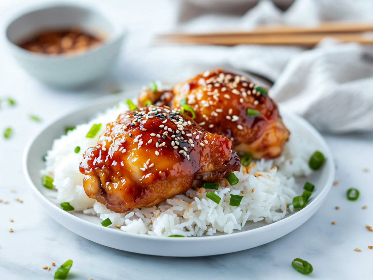 Crockpot honey garlic chicken thighs glazed with a sticky honey garlic sauce, sprinkled with sesame seeds and green onions, served over white rice.