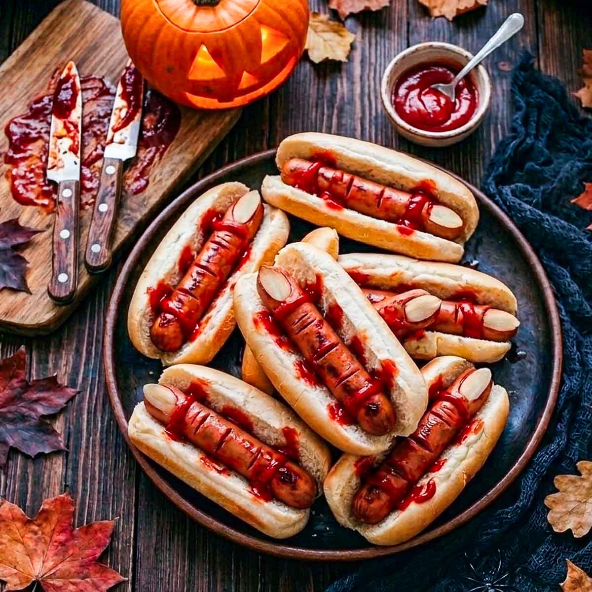 Close up of Halloween hot dog fingers with almond fingernails and ketchup served in buns on a dark platter.