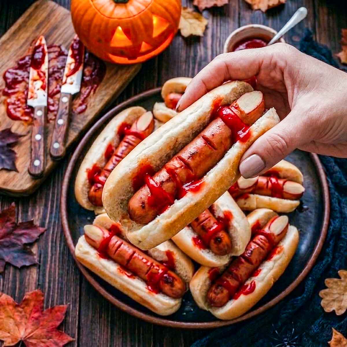 A hand lifting one Halloween hot dog finger in a bun from a platter of them.
