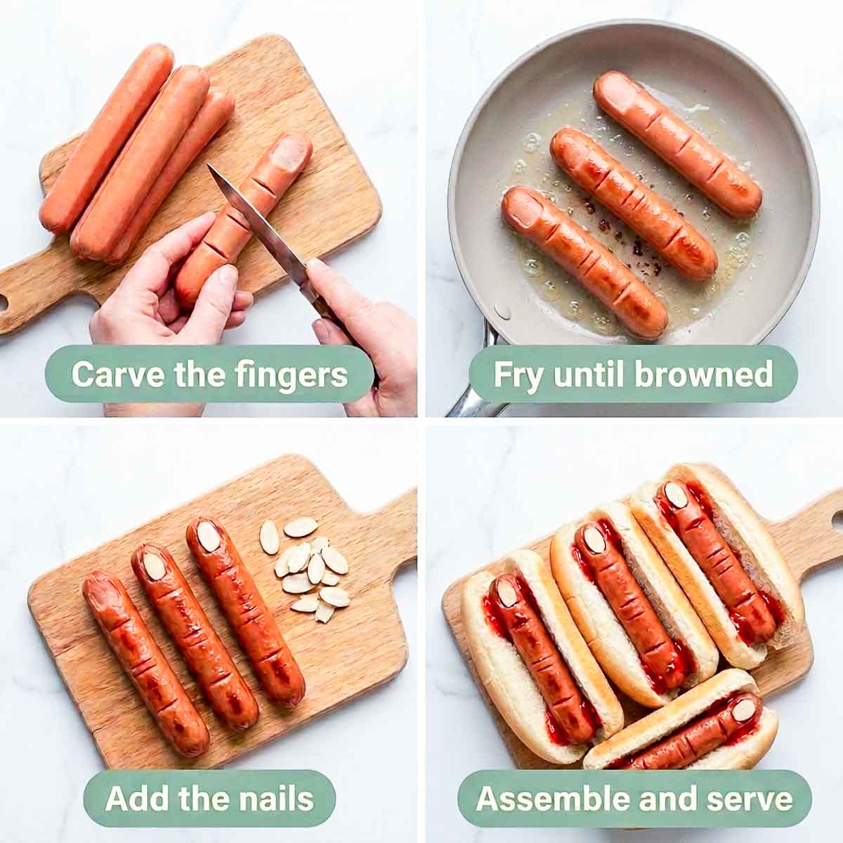 Four step collage showing hot dogs being carved into fingers, fried, given almond nails and served in buns.