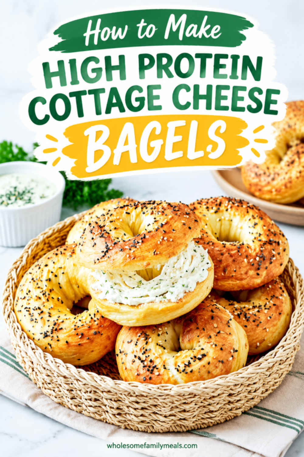 High-protein cottage cheese bagels arranged in a woven basket, with one bagel sliced and spread with cream cheese and text reading how to make cottage cheese bagels.
