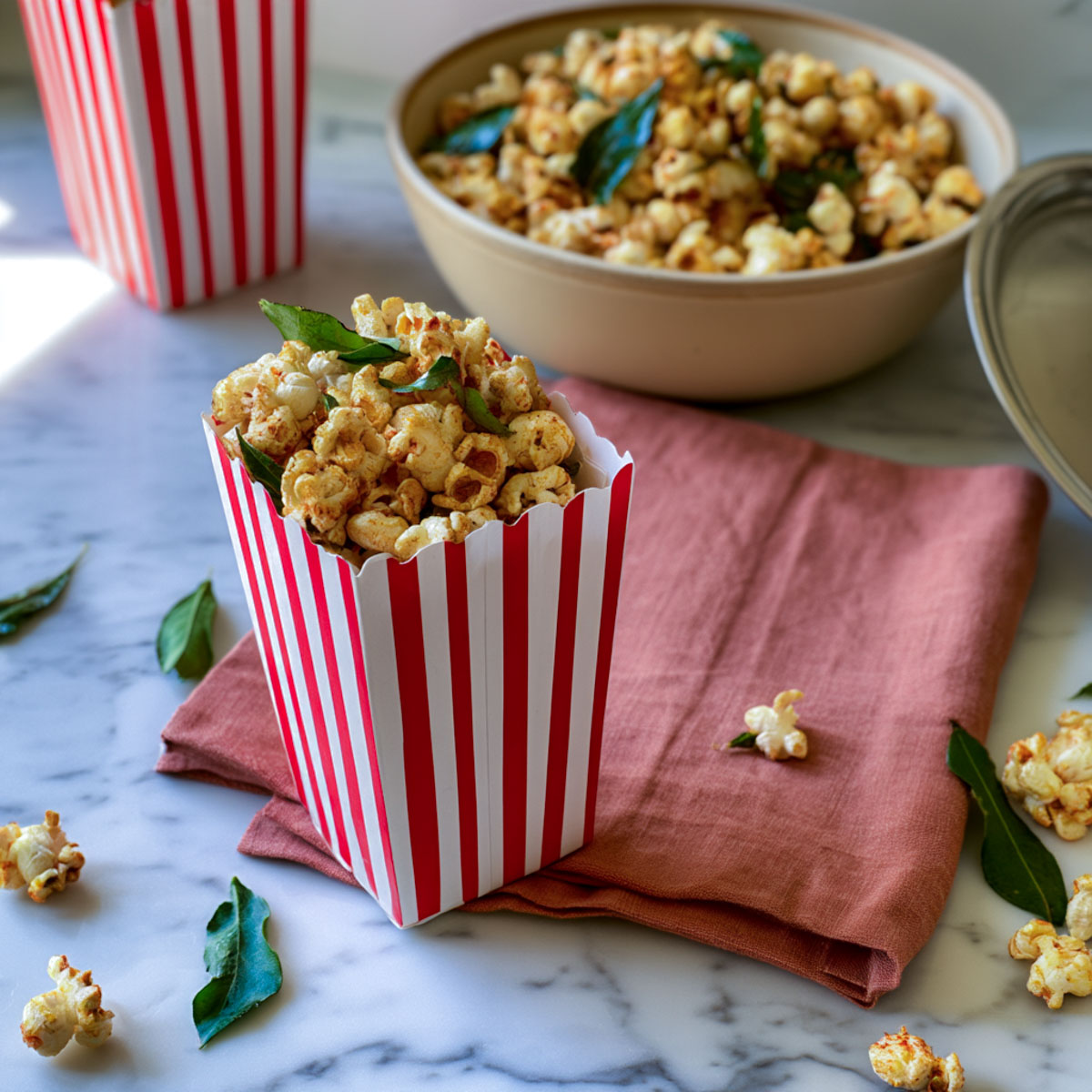 Masala popcorn served in a red and white striped popcorn box with a bowl of popcorn, stainless steel saucepan, curry leaves, and pink napkin in the background.
