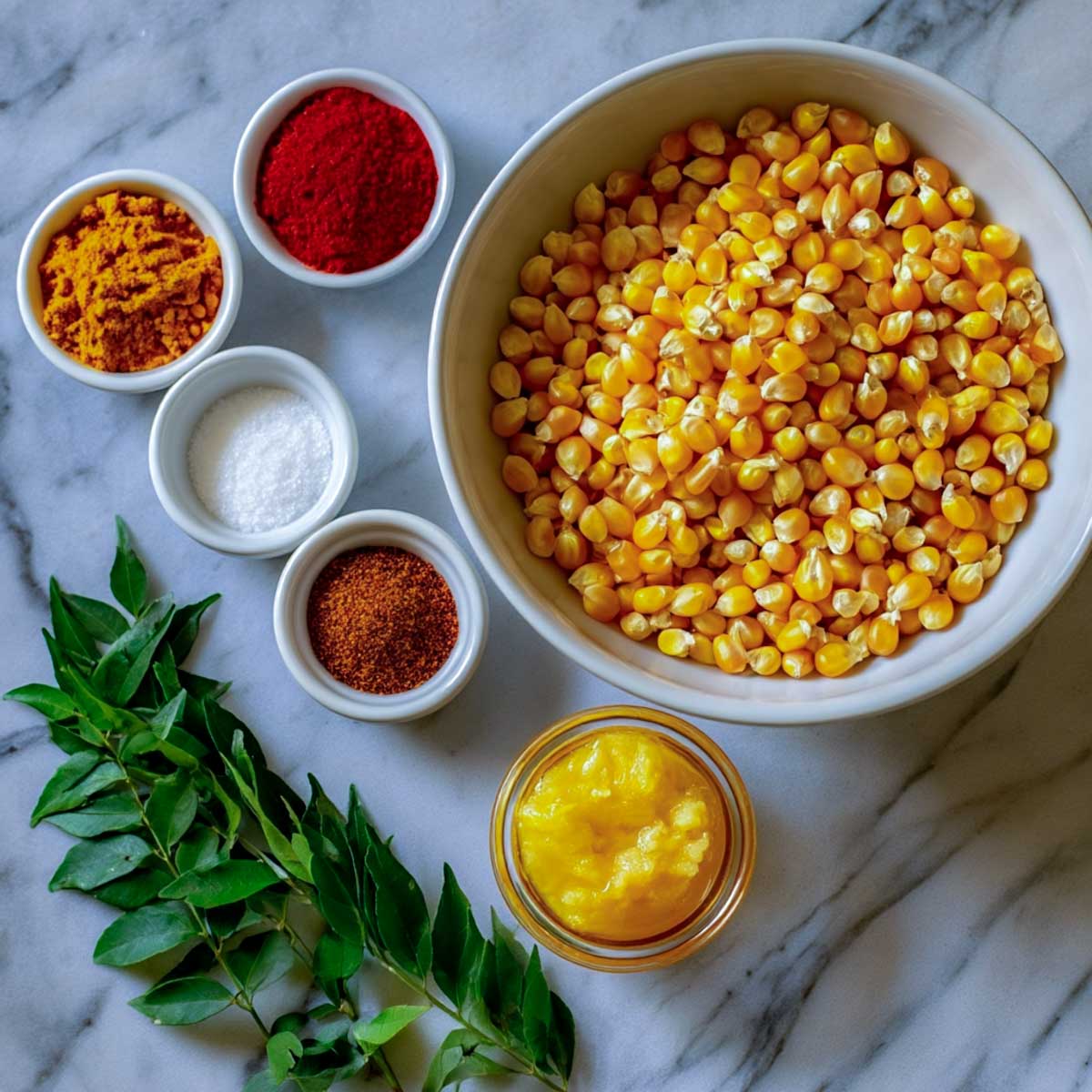 Overhead shot of masala popcorn ingredients on marble: popcorn kernels, ghee, turmeric, chili powder, salt, chaat masala, and fresh curry leaves.