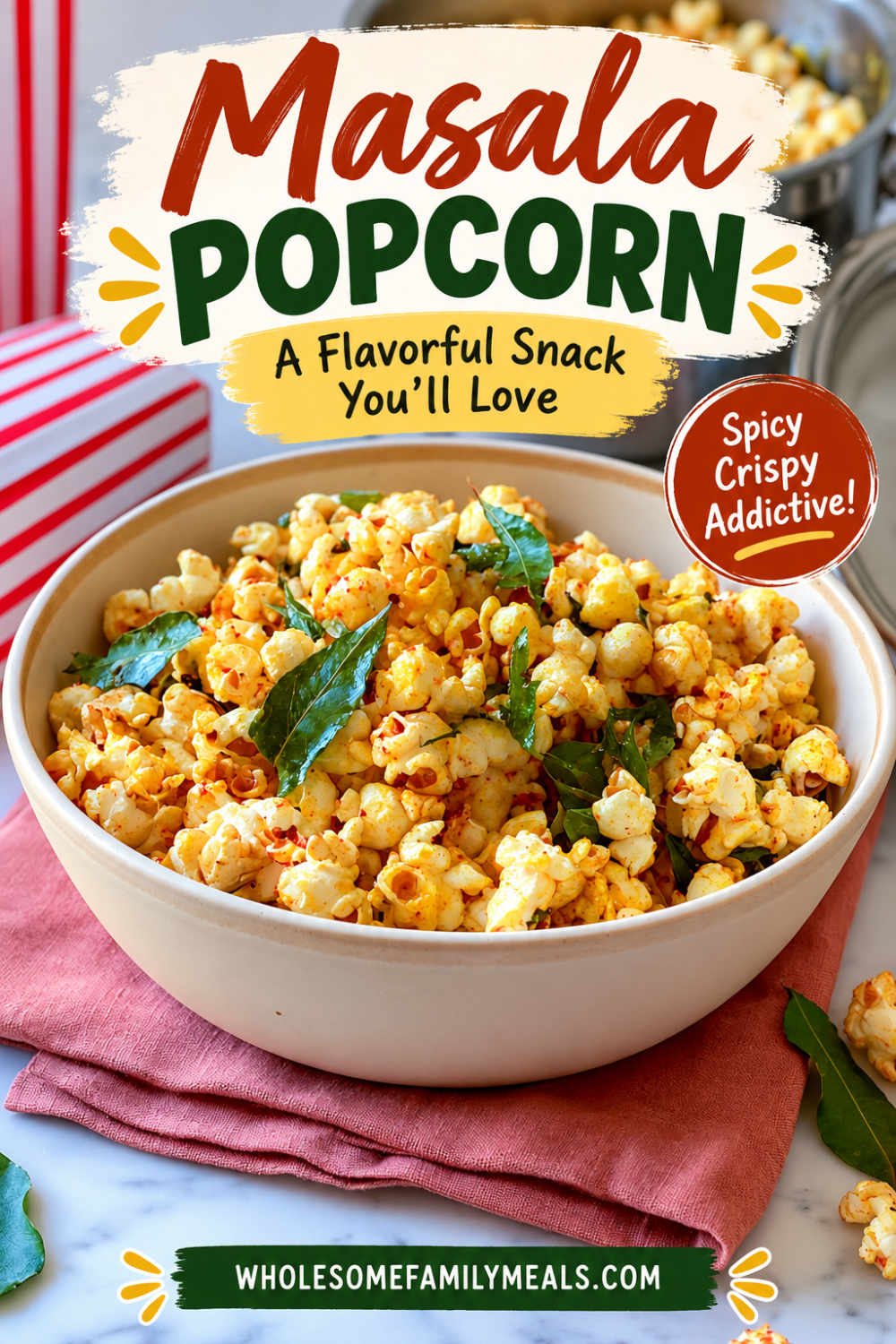 Masala popcorn in a cream ceramic bowl with crispy curry leaves, styled on a pink linen napkin over white marble with striped popcorn boxes and a saucepan.