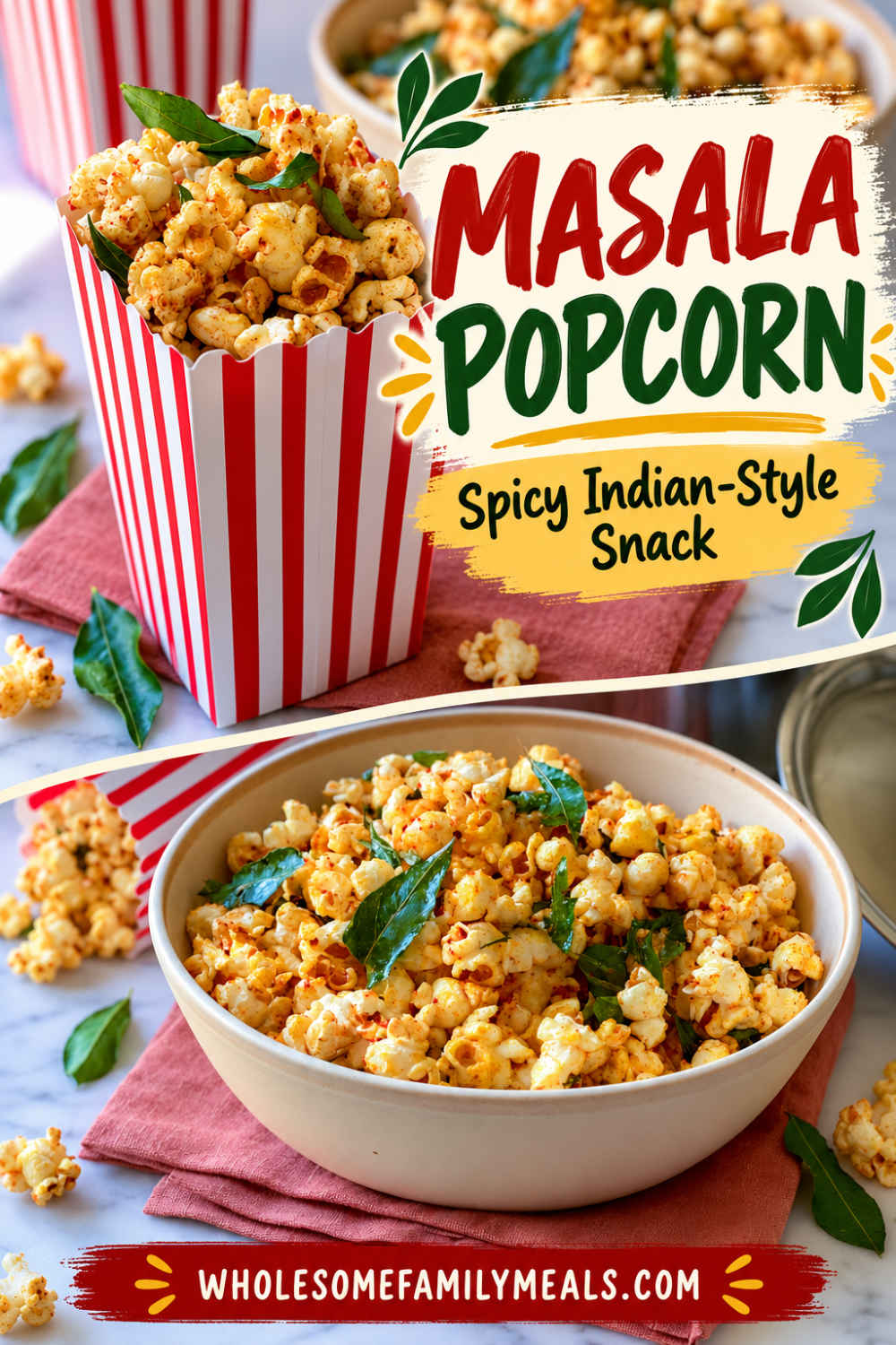 Indian masala popcorn served in a red and white striped popcorn box with a bowl of popcorn and recipe title text.