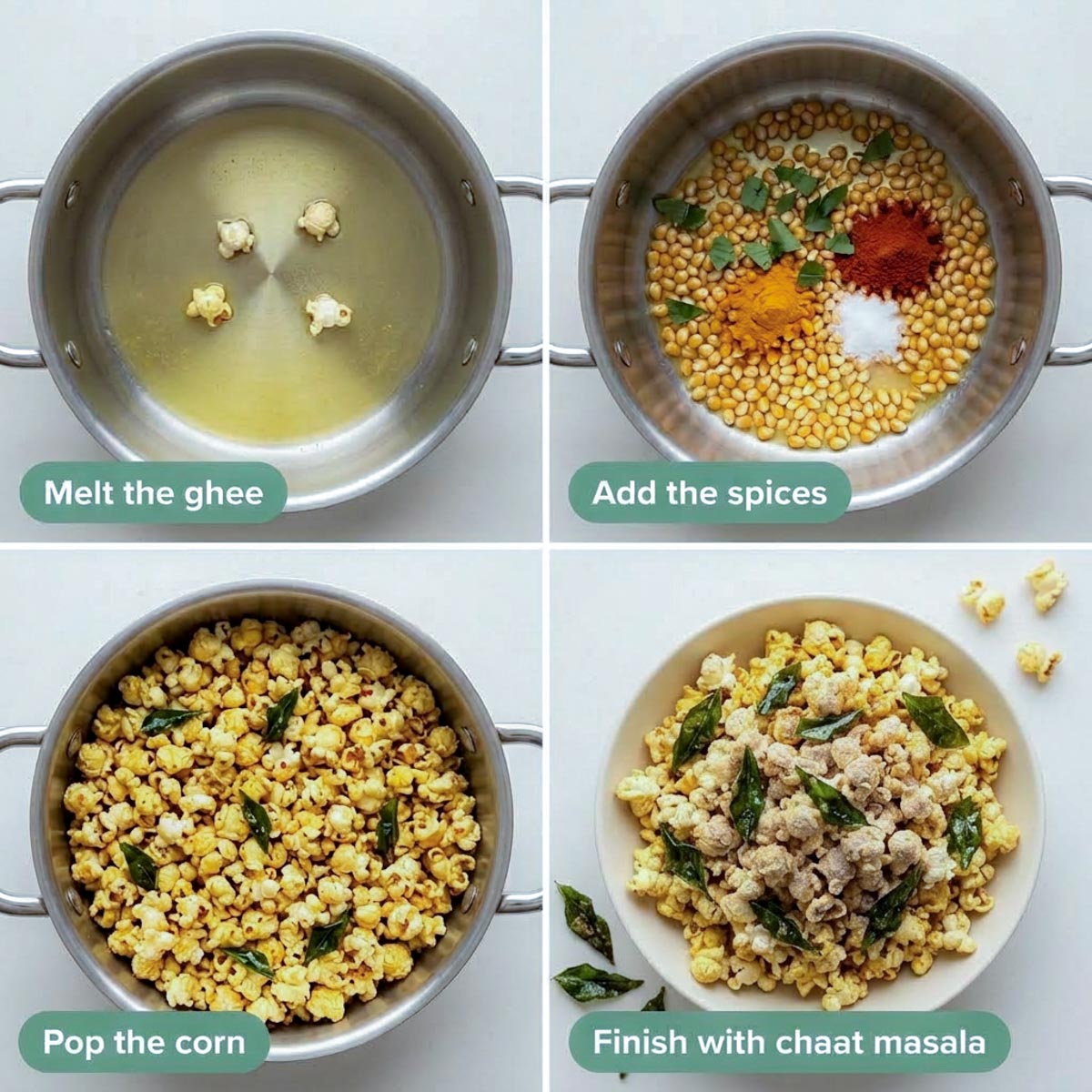 Four-step collage showing ghee melting with test kernels, spices added to kernels, the popped masala popcorn in the pot, and chaat masala sprinkled over the finished bowl.
