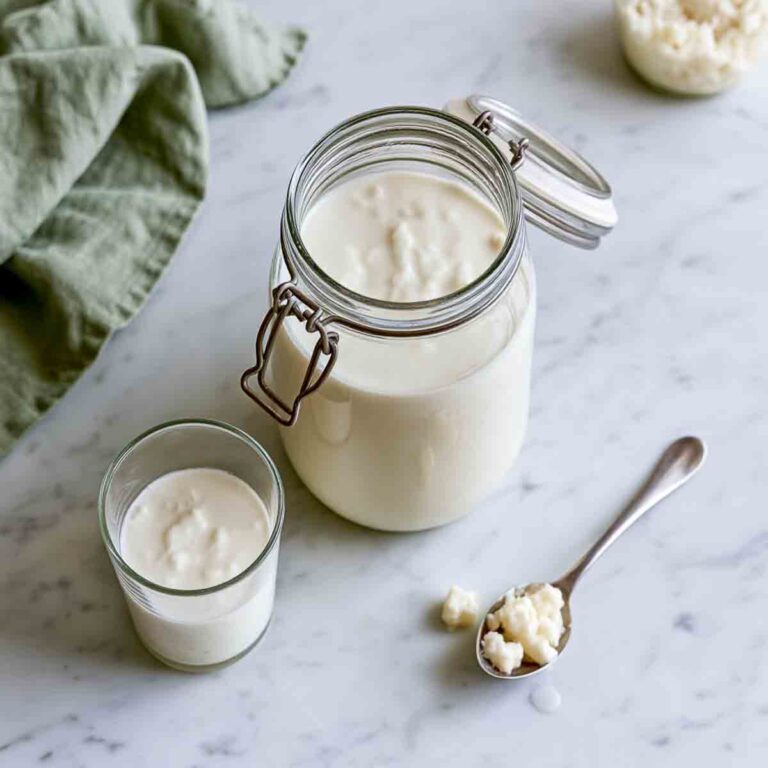 Homemade milk kefir in a swing-top glass jar with kefir grains on the surface, a small glass of kefir, and a spoonful of milk kefir grains on white marble.