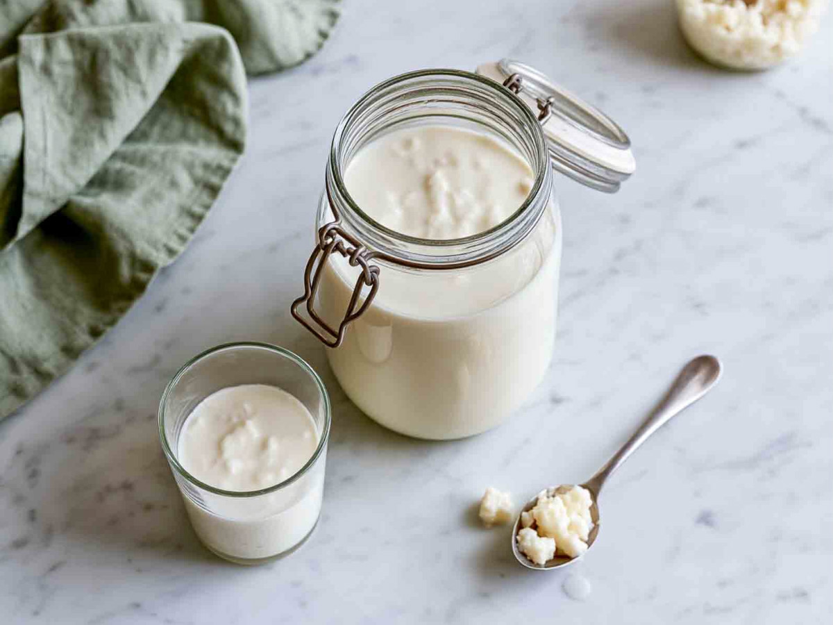 Open glass jar of fermenting milk kefir beside a short glass of kefir and a silver spoon holding kefir grains on a marble counter.