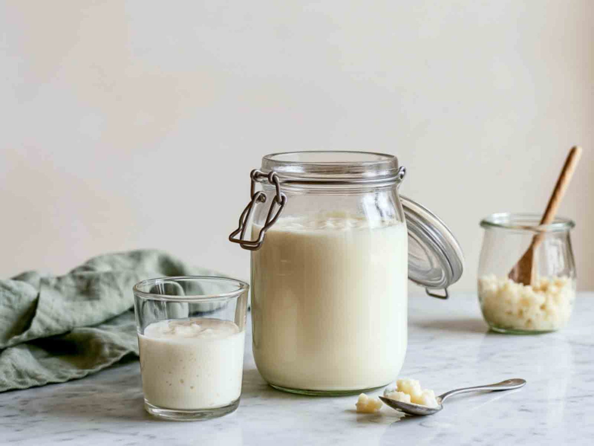 Glass jar of milk kefir next to a glass of fresh kefir, a small jar of kefir grains with a wooden spoon, and a sage green linen towel.