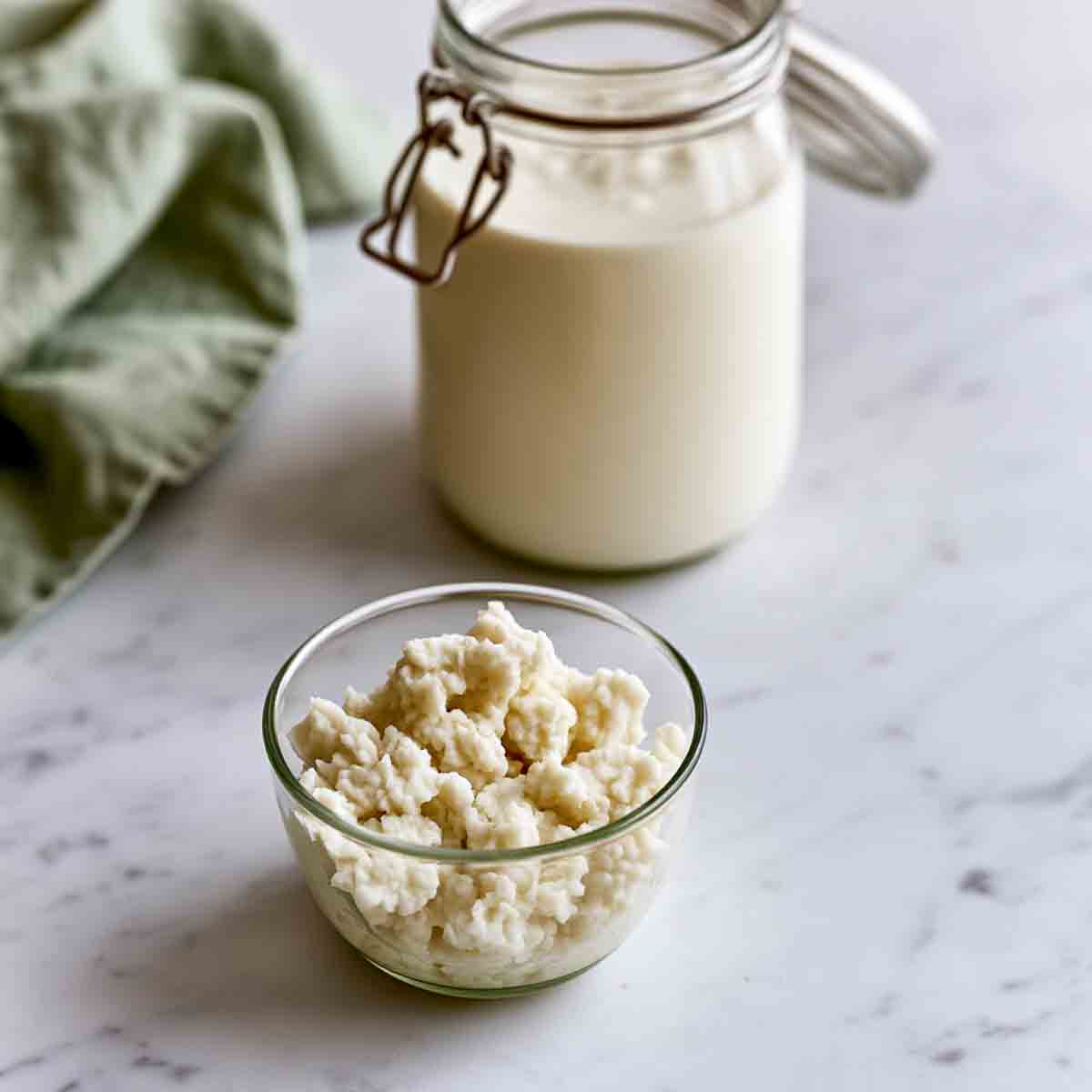 Milk kefir grains in a small glass bowl, with a jar of homemade milk kefir behind it.