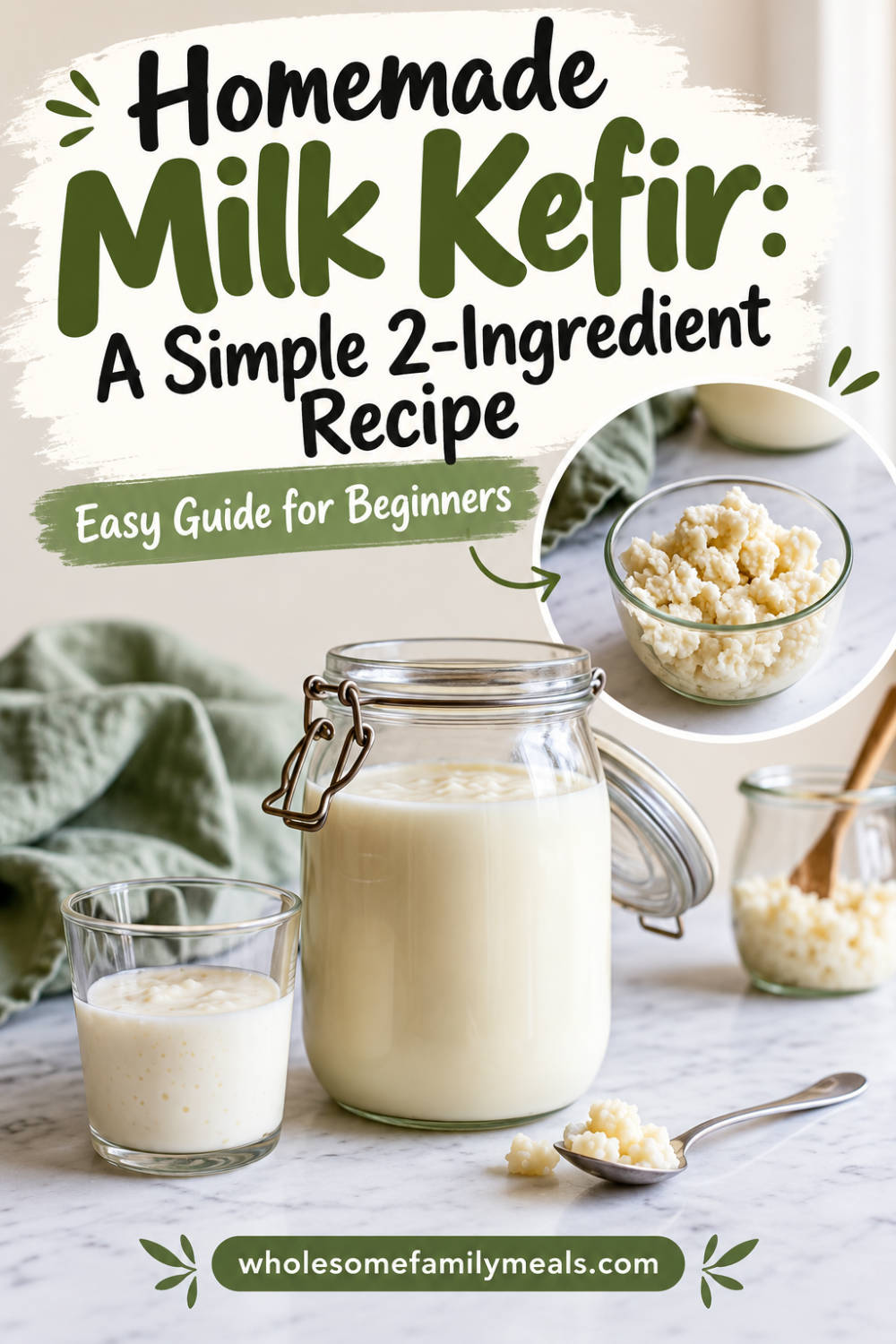 Homemade milk kefir, a simple 2-ingredient recipe and easy guide for beginners, showing a jar of kefir, a glass of kefir, and a bowl of milk kefir grains.