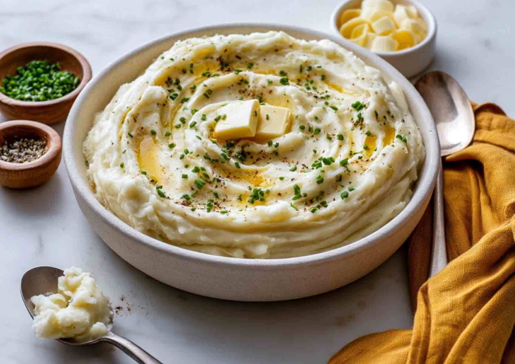 Creamy million dollar mashed potatoes swirled in a white bowl with butter, chives and a serving spoon on a marble counter.