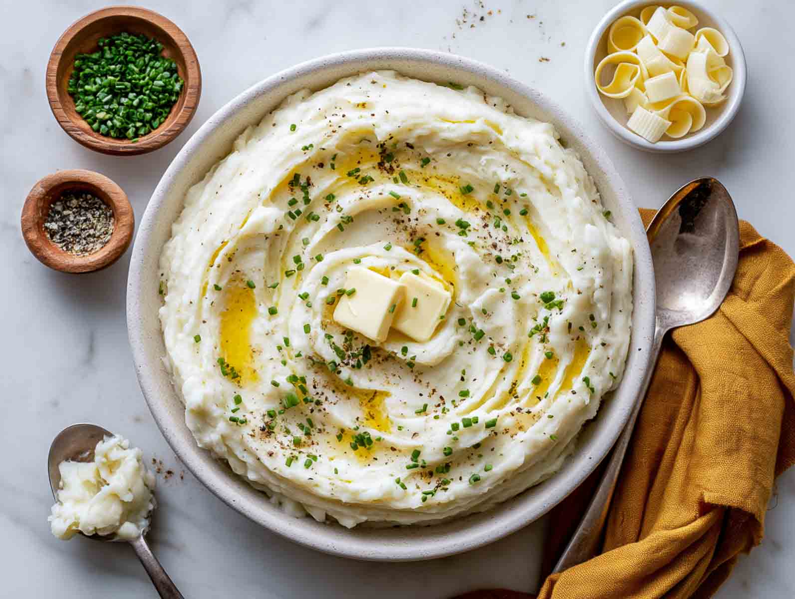 Make-ahead mashed potatoes in a white bowl topped with butter pats, melted butter, black pepper and chives.