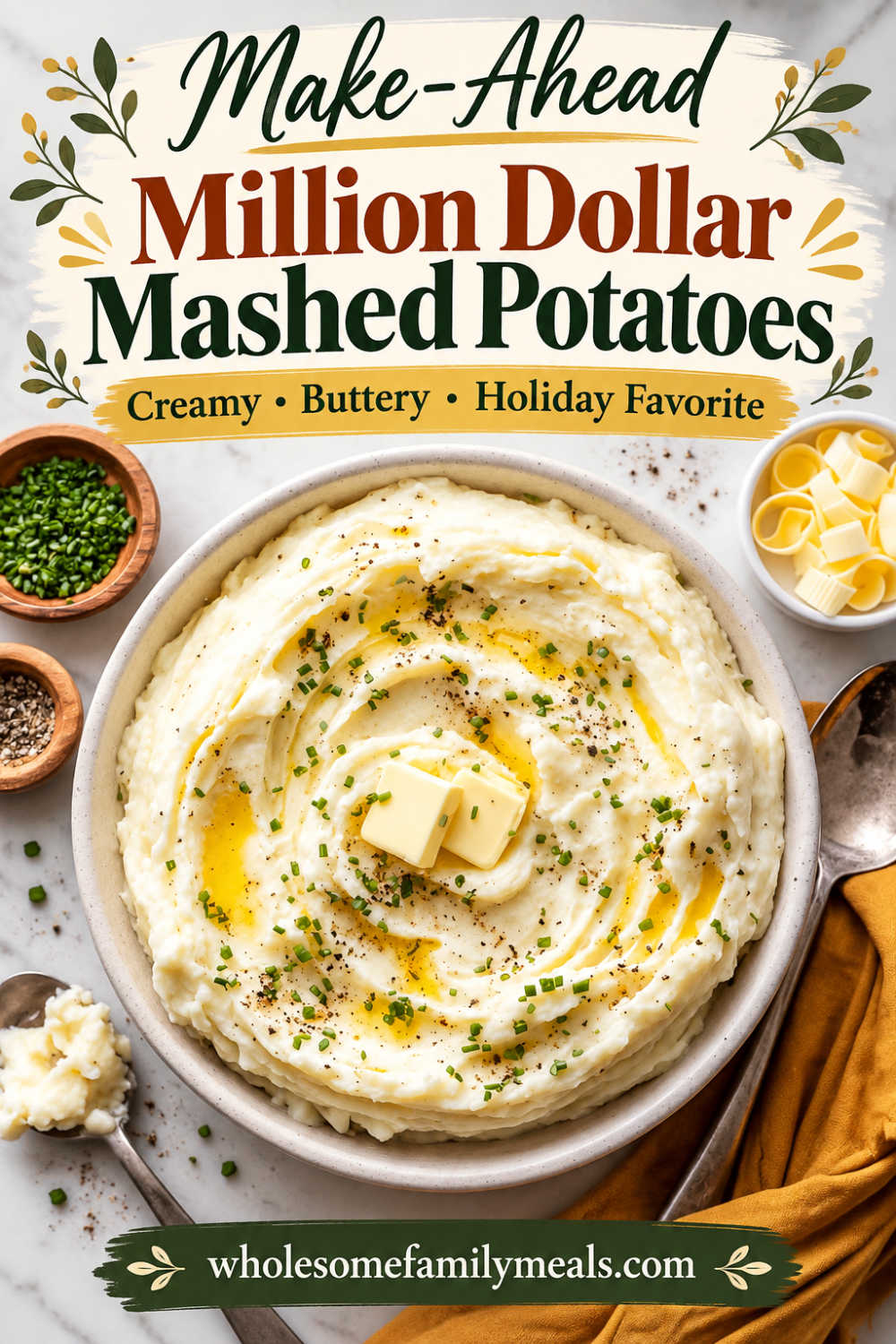 Make-ahead Million Dollar Mashed Potatoes in a white serving bowl with butter and chives, with text reading “Make-Ahead Million Dollar Mashed Potatoes”.