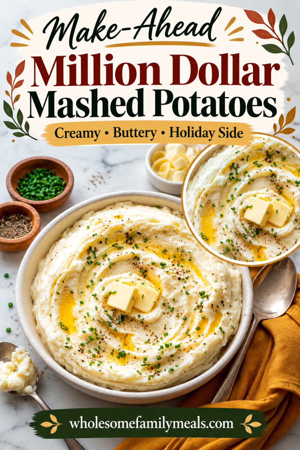 Make-ahead Million Dollar Mashed Potatoes topped with butter and chives, shown in a white serving bowl with a close-up inset and text reading “Make-Ahead Million Dollar Mashed Potatoes.”