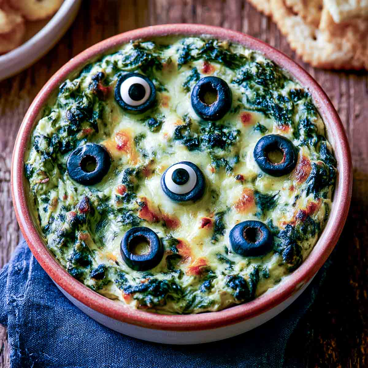 Baked spinach dip in a terracotta dish covered with black olive slices and mozzarella monster eyes.
