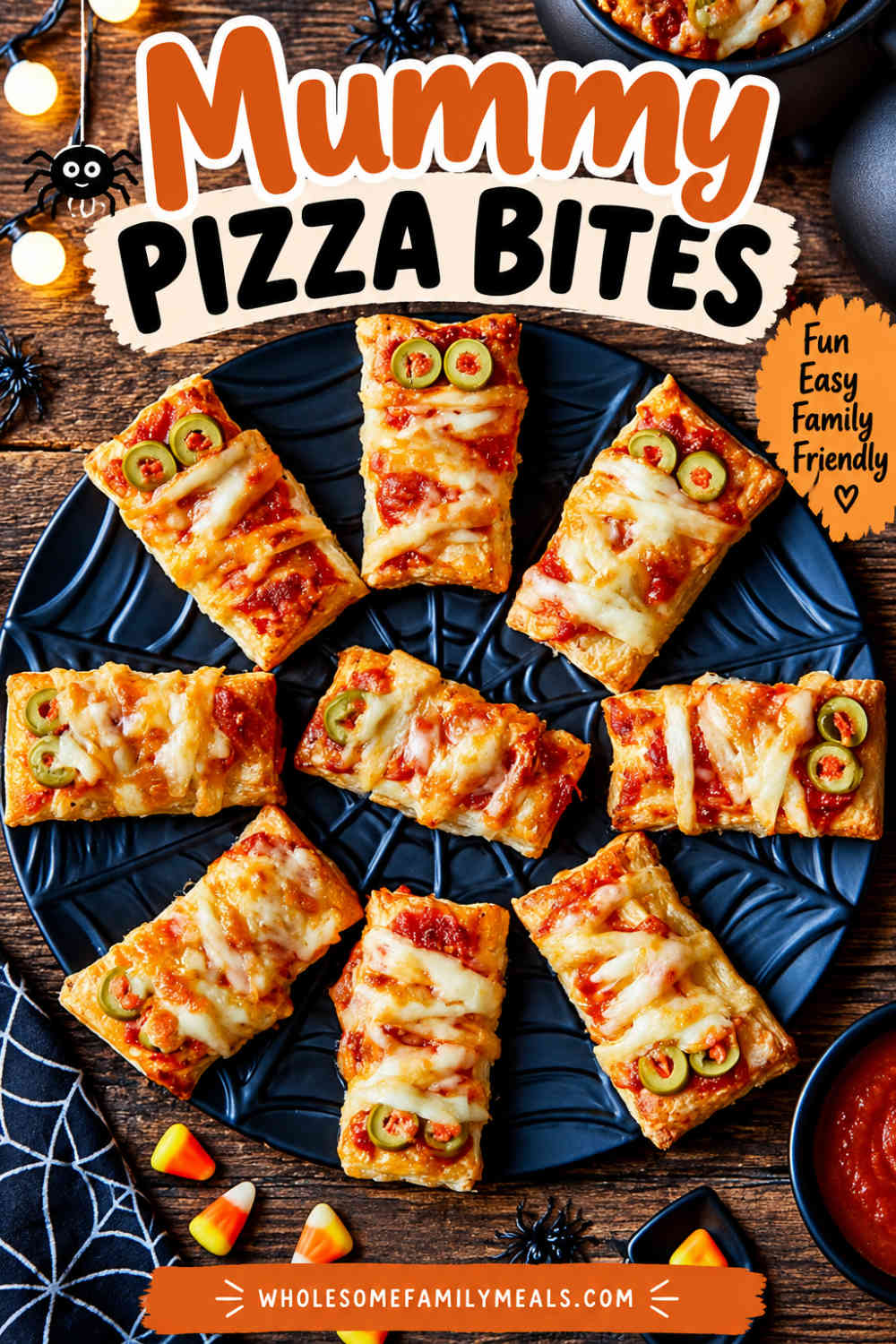Halloween mummy pizza bites made with puff pastry, pizza sauce, melted mozzarella strips, and green olive eyes, arranged on a black spiderweb plate with Halloween decorations.