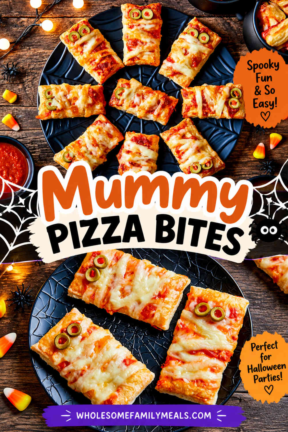 Two photos of mummy pizza bites with the recipe title and Halloween party text overlaid.
