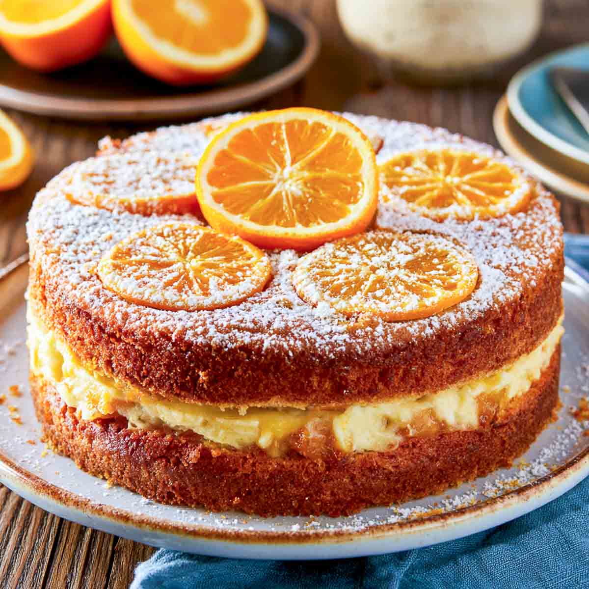Vintage-style orange layer cake filled with creamy orange frosting and topped with powdered sugar and fresh orange slices.