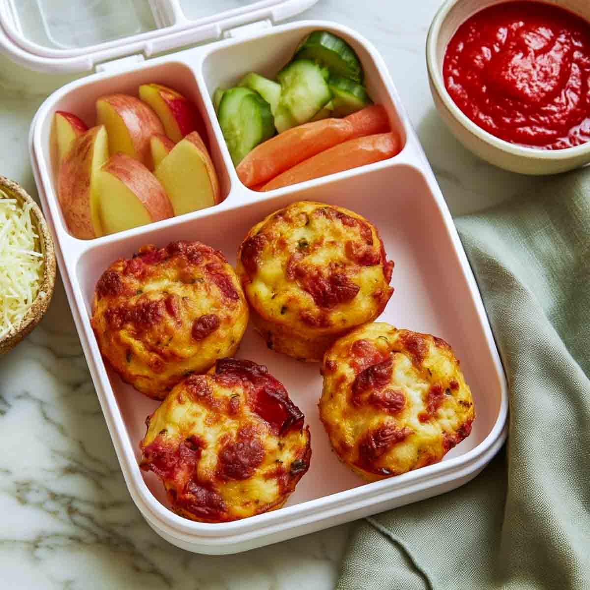Lunchbox pizza muffins topped with melted mozzarella and pepperoni, arranged on a white serving tray with pizza sauce for dipping.