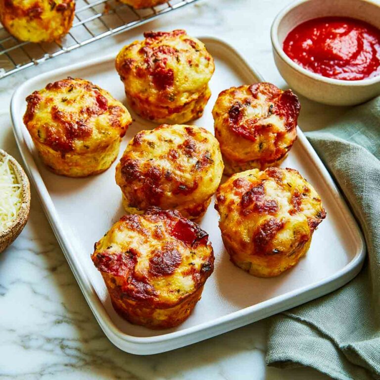 Six golden pizza muffins with browned cheese and pepperoni on a white tray beside a bowl of pizza sauce.