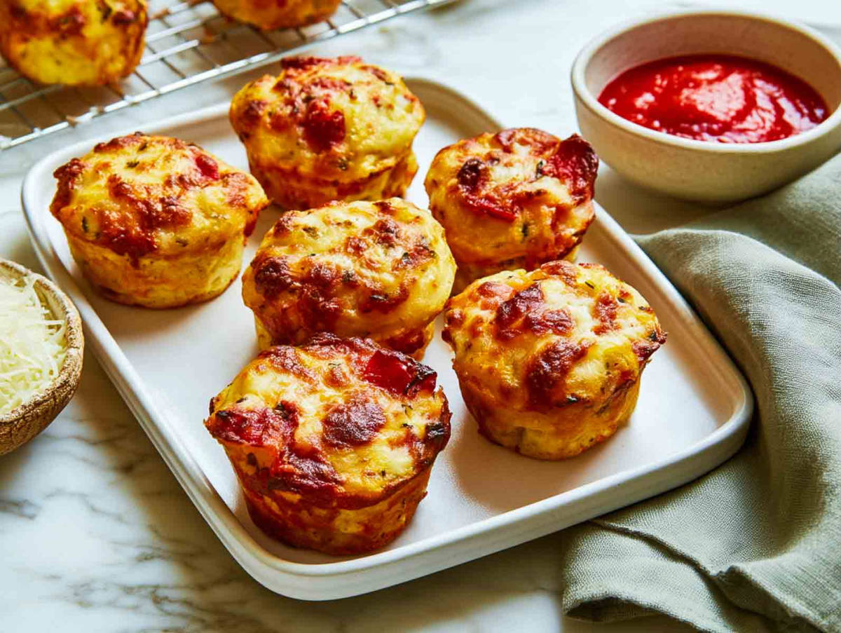 Five golden-brown pizza muffins topped with melted cheese and pepperoni on a white rectangular serving tray with pizza sauce.