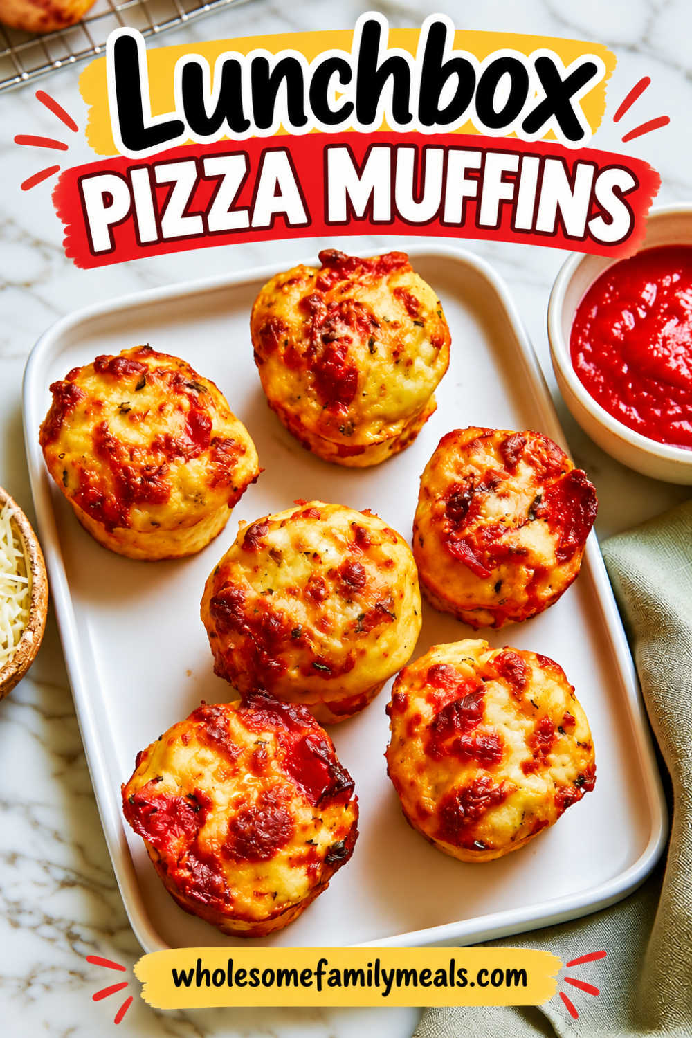 Lunchbox pizza muffins topped with melted mozzarella and pepperoni, arranged on a white serving tray with pizza sauce for dipping.