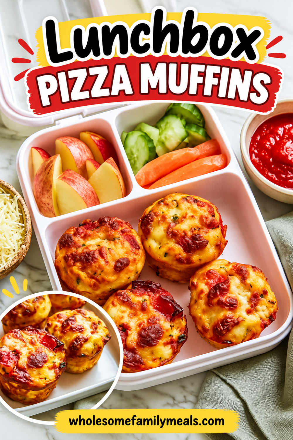 Pizza muffins packed in a divided lunchbox with sliced apples, cucumber, and carrots, with pizza sauce on the side.