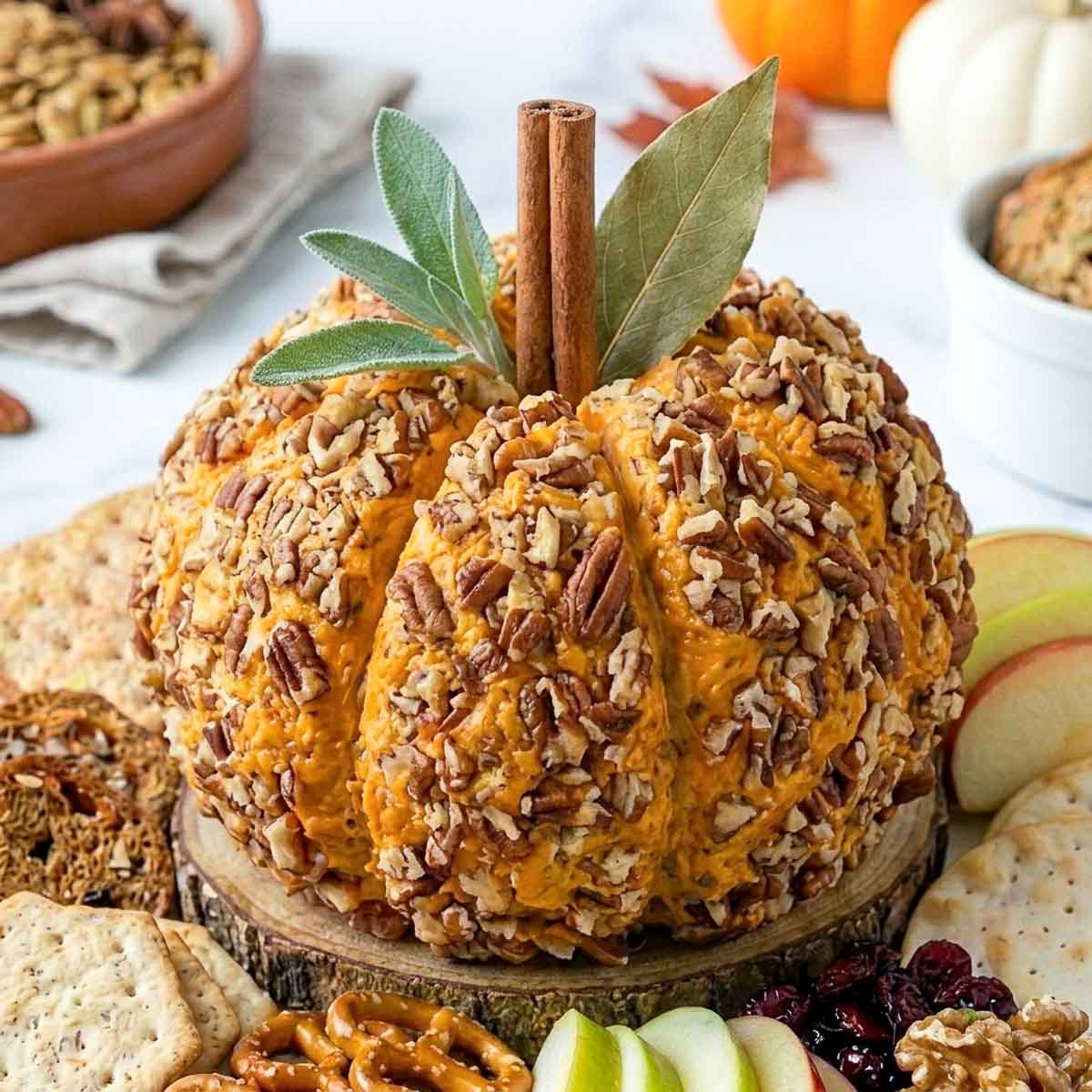 Pumpkin cheese ball coated in chopped pecans with a cinnamon stick stem and sage leaves, surrounded by crackers, pretzels and sliced apples.