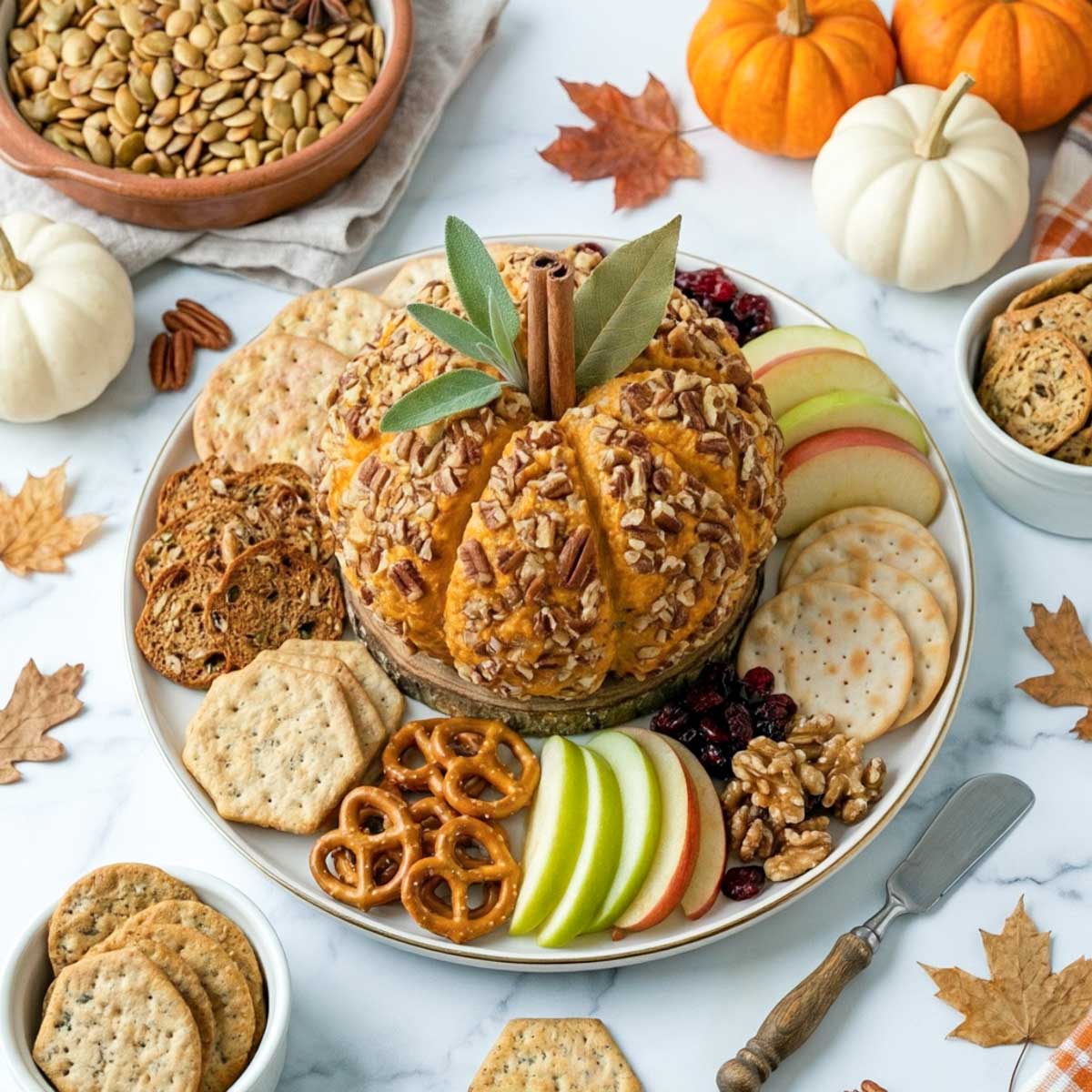 Pumpkin-shaped cheese ball covered with chopped pecans, served on a platter with crackers, apple slices, pretzels, walnuts, and dried cranberries.
